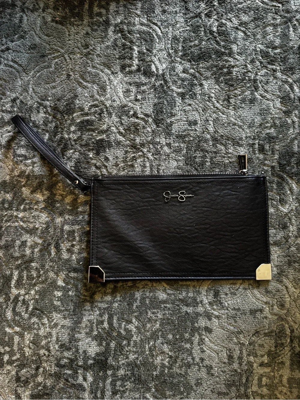 Jessica Simpson Black Leather Wristlet with Silver Accents